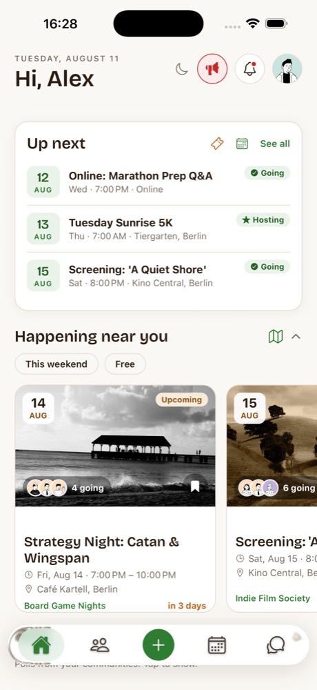 The Kommunitea home screen, showing this week's events and what is happening nearby.
